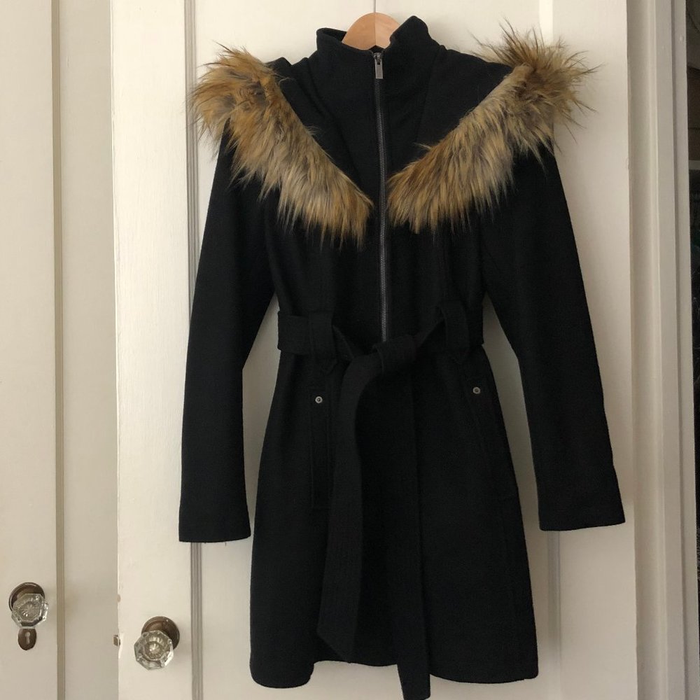 Rachel Roy wool blend black coat with faux fur trimmed hood